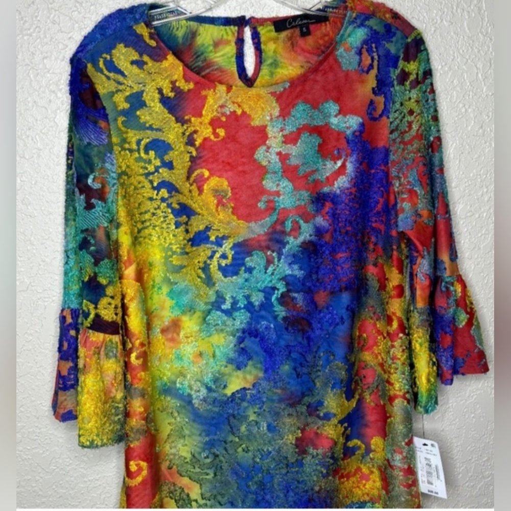 Calessa Cobalt Blue Multi-Color Burnout Bell Sleeve Top Size Small